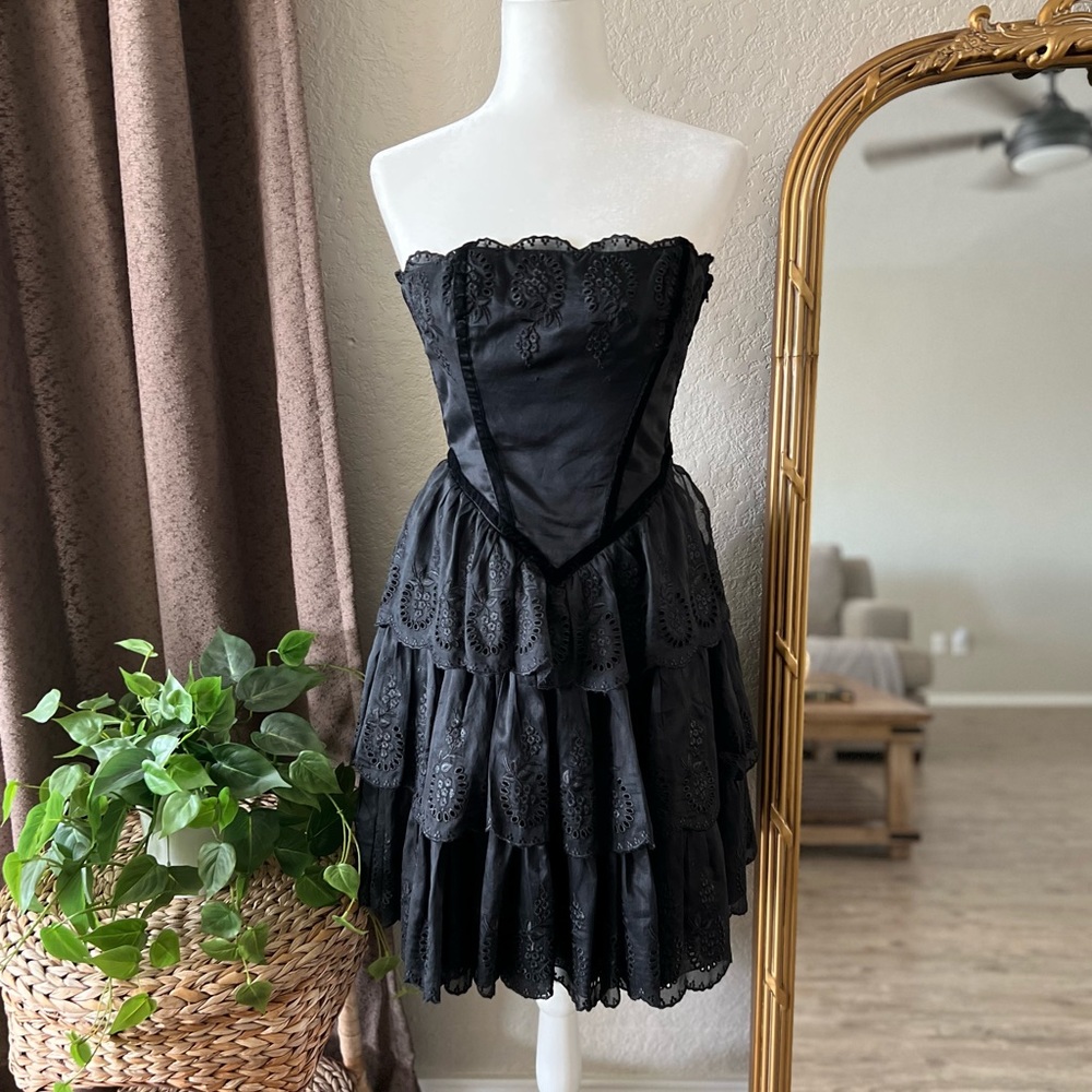 Betsey Johnson Black Strapless Tiered Eyelet Cocktail Dress